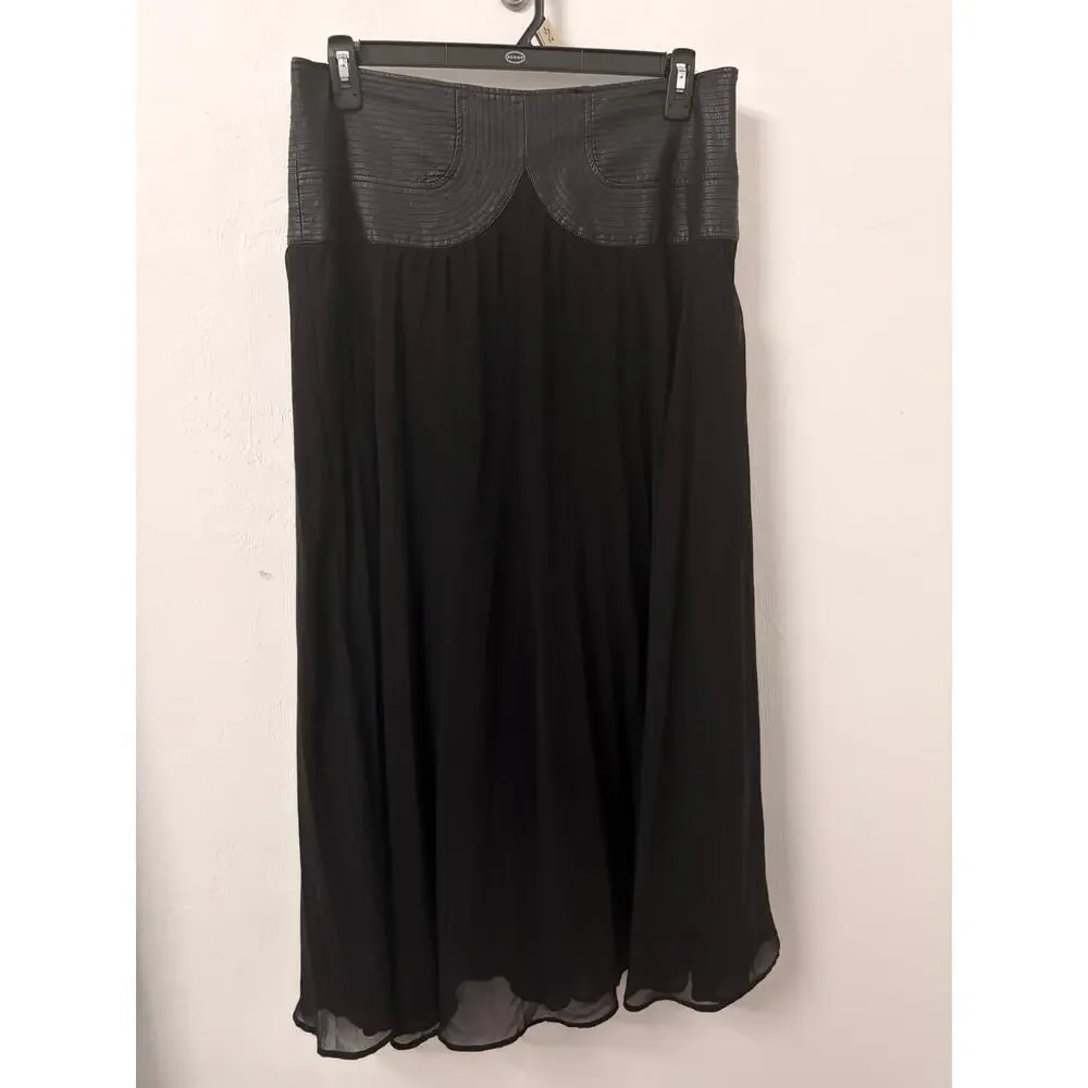 By Anthropologie Black Maxi Skirt 16 Faux Leather Yoke Goth Sheer Flowy